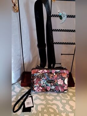 Ed Hardy Floral Skull Print Crossbody Bag -removeable Guitar Strap